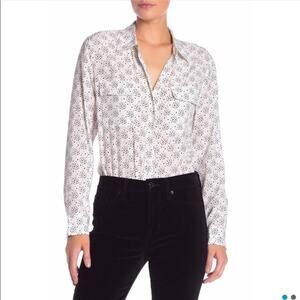 Equipment Slim Signature Silk Button Down Shirt White w Black Stars size Small